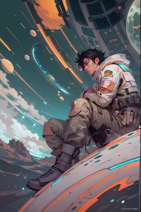 anime guy sitting on the ground looking at the planet, space cowboy, cyber space cowboy, inspired by Josan Gonzalez, makoto shinkai ( apex legends ), akira artstyle, ross tran style, akira vibes, akira art style, floating beside planets, josan gonzales, sc...