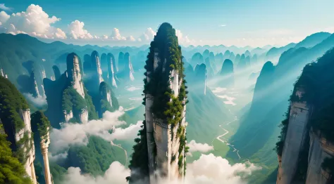 Turquoise tall, towering like a realistic aerial view of white lilies on the cliff walls of Zhangjiajie Valley