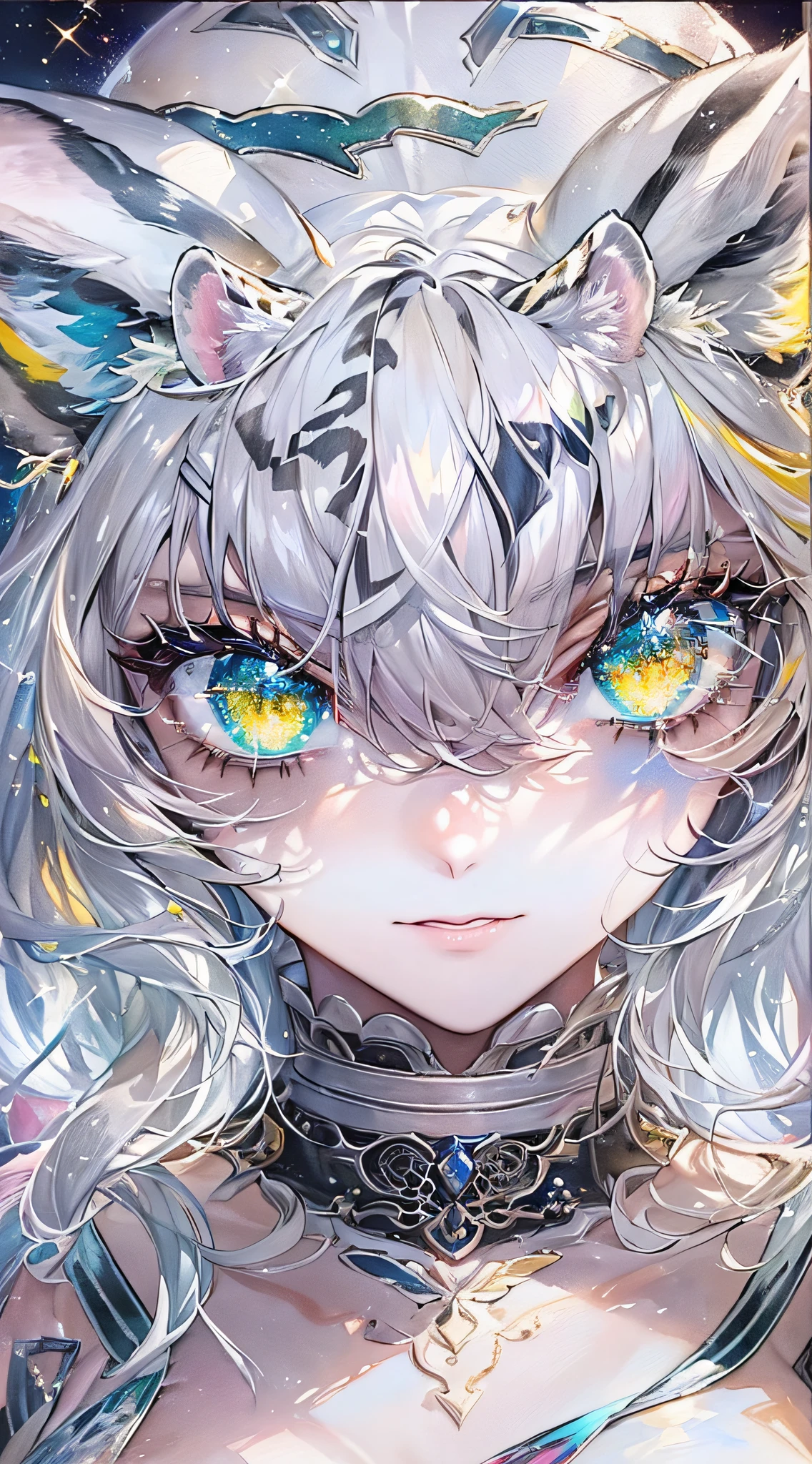 Soft Focus , (Bright gradient watercolor :1.5, Lens Flare:1.5 , Glitter :1.5), Glow , Dreamy , White background、Grid illusion, Colorful,、((extremely detailed eye:1.5)),((Face Zoom:1.5)),((Face Focus:1.5)),(((​masterpiece、top-quality、top-quality、watercolor paiting)))(Curly)、Official art、Beautifully Aesthetic:1.2)、eye glass:1.5、(girl with:1.5)、(Fractal Art:1.3)、The upper part of the body、colourfull、((Ultra-detailed retina:1.5))、embarrassed from、(Midriff)、((Super Detail Eyes:1.5))、(rainbow-colored hair、colourful hair、Half white and half black hair:1.5)、((White tiger ears:1.5,White tiger tail:1.5)),((the Extremely Detailed CG Unity 8K Wallpapers、​masterpiece、top-quality))、((ultra-detailliert:1.2))、(The best lighting、Best Shadows、extremely delicate and beautiful)、(the Extremely Detailed CG Unity 8K Wallpapers、​masterpiece、best qualtiy、ultra-detailliert)、(The best lighting、Best Shadows、extremely delicate and beautiful)、(the perfect body:1.5),{{{{Dazzling brilliance}}}}、Rainbow Bridge、(masutepiece:1.2), Best Quality, (Illustration:1.2), (Ultra-detailed), hyperdetails, (delicate detailed), (Intricate details), (Cinematic Light, best quality backlight), solo women, Perfect body, (4girl), (Best Illumination, extremely delicate and beautiful), Cinematic Light、【emblem:Irridescent color 】、Blue sky with white angel wings proportional to body、Sunnyday