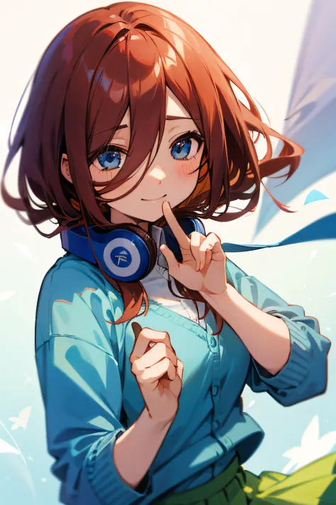 Miku Nakano、Brown hair、head phone、a smile、piece sign、Blue cardigan、white  shirt、Green skirt、white backgrounid、Fluttering in the ...