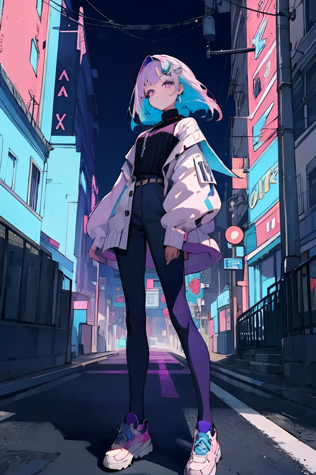 best quality, 4K wallpaper, masterpiece, extremely detailed CG unity 8k wallpaper, extremely detailed eyes, ultra-detailed, intricate details, 1girl, solo,purple eyes, Balenciaga outfit, shirt, hair ornament, trousers, black legwear, shoes, looking at viewer, public, road sign, street park, street, retro art style, neon_pop art style