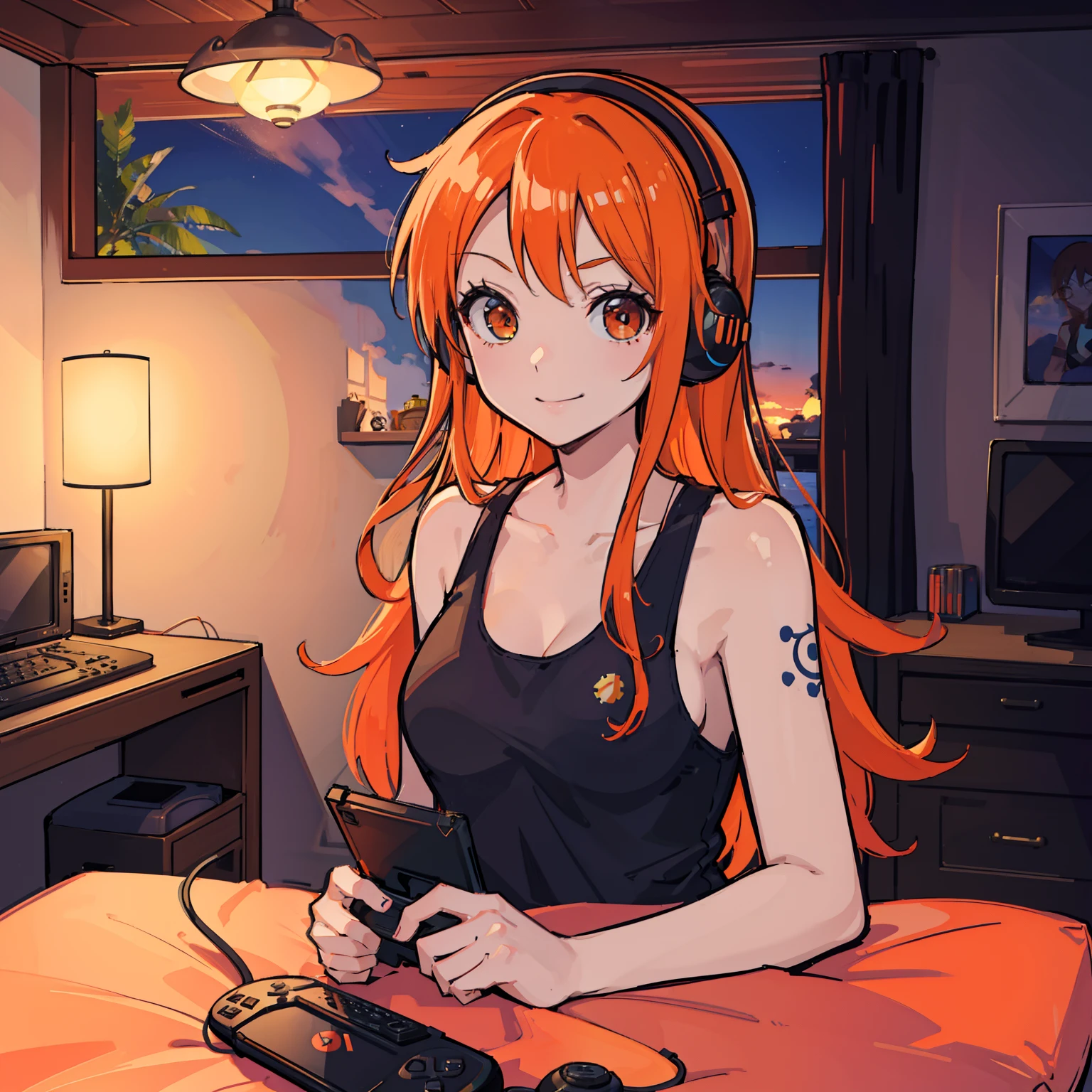 masutepiece, Fine detail, 4K, 8K, 12K, Solo, Solo, Beautiful Girl, caucasian female, Nami of one piece, Orange hair, Long hair, Game Controller, Indoors, Room, Own room, a computer, Playing games, headphones, Tank top,A smile、 nigh sky
