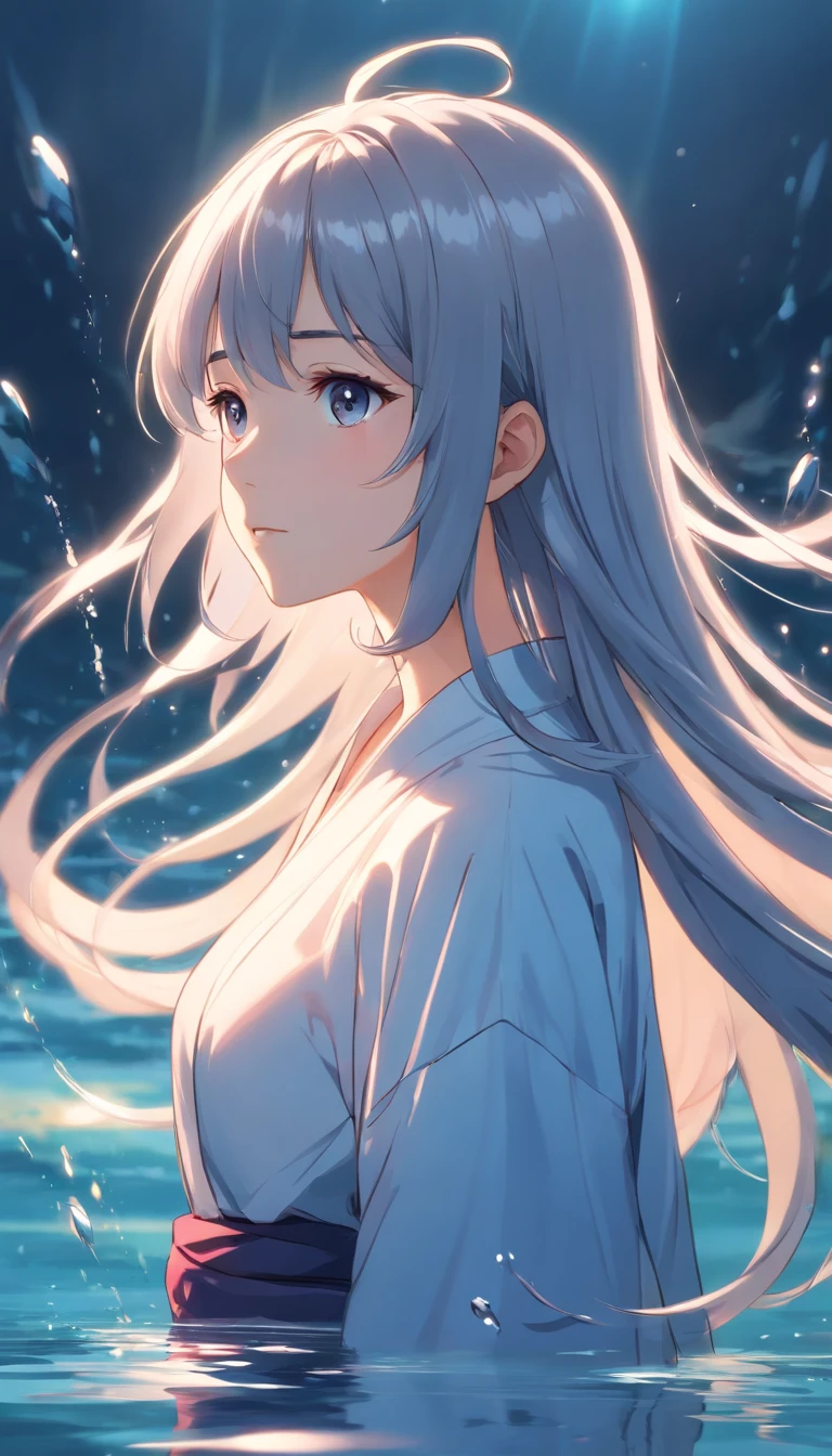 Japanese style，Young gray hair，shiny long hair, Flowing hair，white colors、Archaic background、backs、The whole body is reflected、Reflection in water、waterface、Mystical、Very delicate eyes