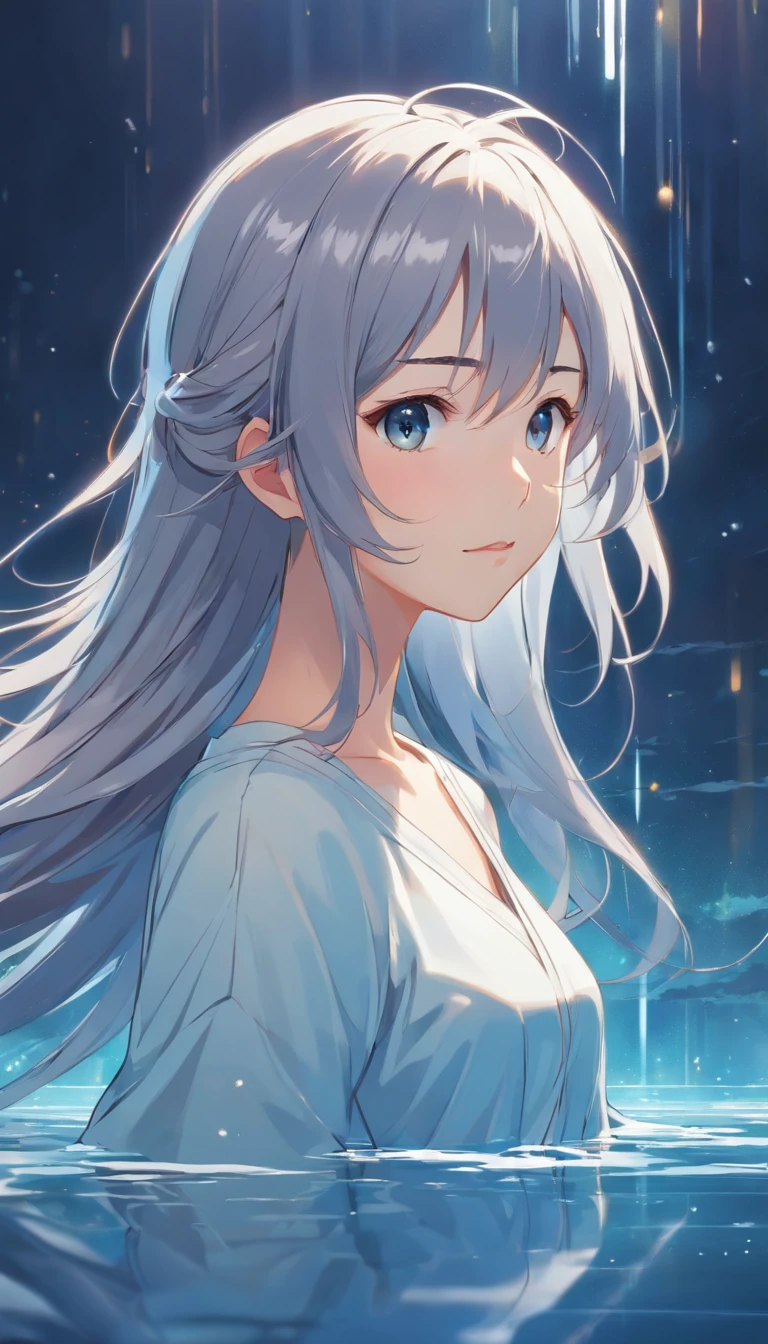 Japanese style，Young gray hair，shiny long hair, Flowing hair，white colors、Archaic background、backs、The whole body is reflected、Reflection in water、waterface、Mystical、Very delicate eyes