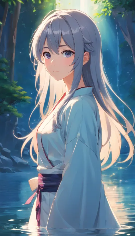 Japanese style，Young gray hair，shiny long hair, Flowing hair，white colors、Archaic background、backs、The whole body is reflected、reflection in water、waterface、Mystical、Very delicate eyes、facing back、backs、Whole body、full bodyesbian、1.6