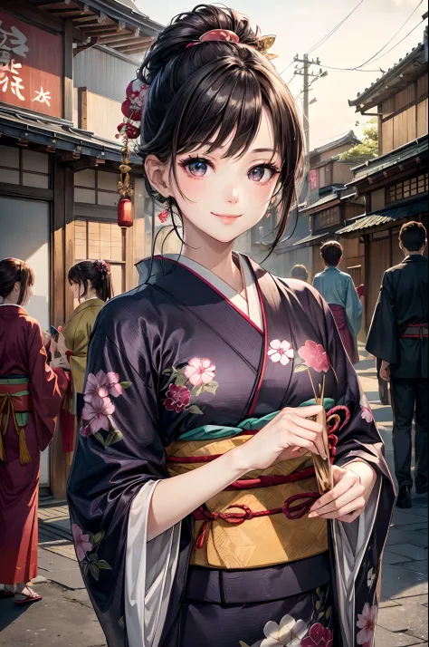 (((top quality, 8k, masterpiece))), crisp focus, (beautiful woman with perfect figure), slender, (hairstyle: up)), ((kimono: Kara)), street: 1.2 Highly detailed face and skin texture Detailed eyes Double eyelids random posture, (smile),super cute Japan per...