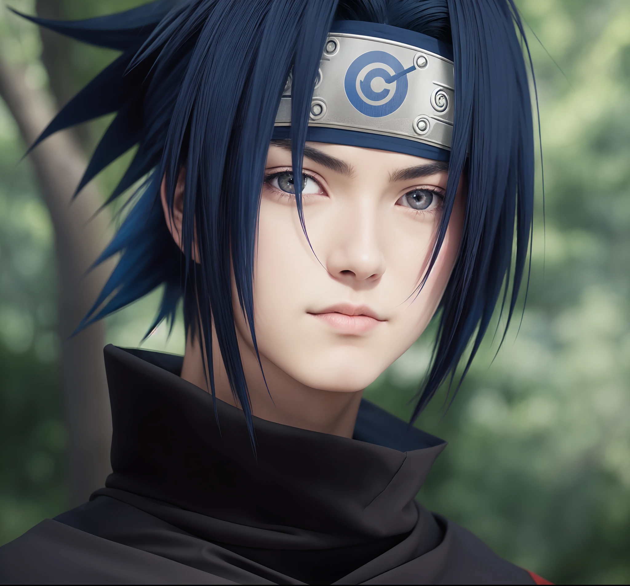 sasuke uchiha, solo,  ((man)), ((young man)), 1boy, male_focus, black_hair, looking_at_viewer, closed_mouth, black_eyes, tree, forest, nature, forehead_protector, headband, outdoors, konohagakure_symbol, upper_body, ninja, v-shaped_eyebrows, frown, blue_hair, serious, cinematic, dramatic lighting photography, national geographic, photo, photography, Stoic, cinematic, 4k, epic, detailed photograph, shot on kodak detailed, cinematic, dark moody, volumetric fog