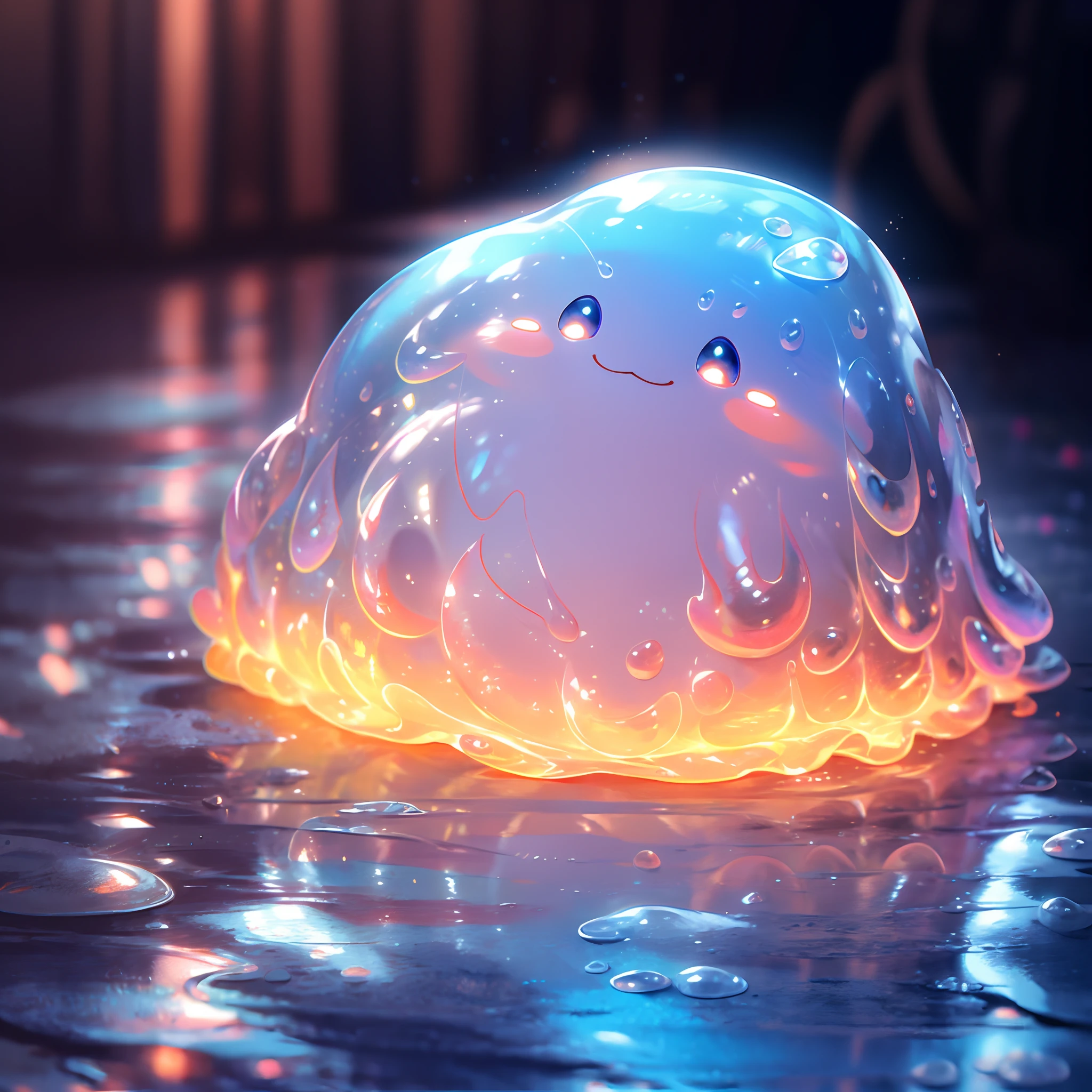 A shiny blue and red slime, cute face,vibrant and translucent texture, slime stretching and squishing, detailed, mesmerizing patterns and swirls, sparkling and reflecting light, satisfying to touch and play with, high-res masterpiece, vivid colors, illuminated with soft studio lighting.