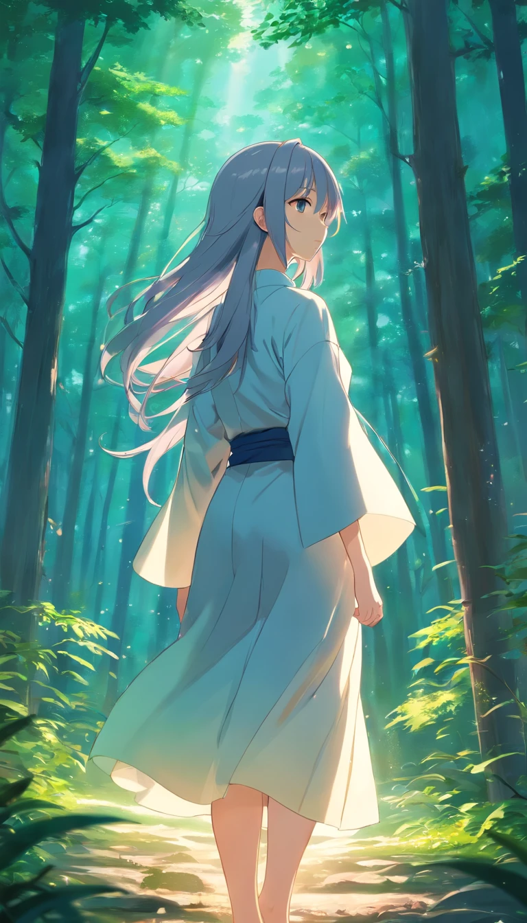 Japanese style，Young gray hair，shiny long hair, Flowing hair，white colors、Archaic background、backs、The whole body is reflected、waterface、Mystical、facing back、backs、Whole body、full body Esbian、1.6、No face、Facing backwards、on  back、The person is quite far away、The whole picture is drawn from head to foot、mysterious background、Fantastic background、The dim、zori、in woods、ln the forest、Lack of others