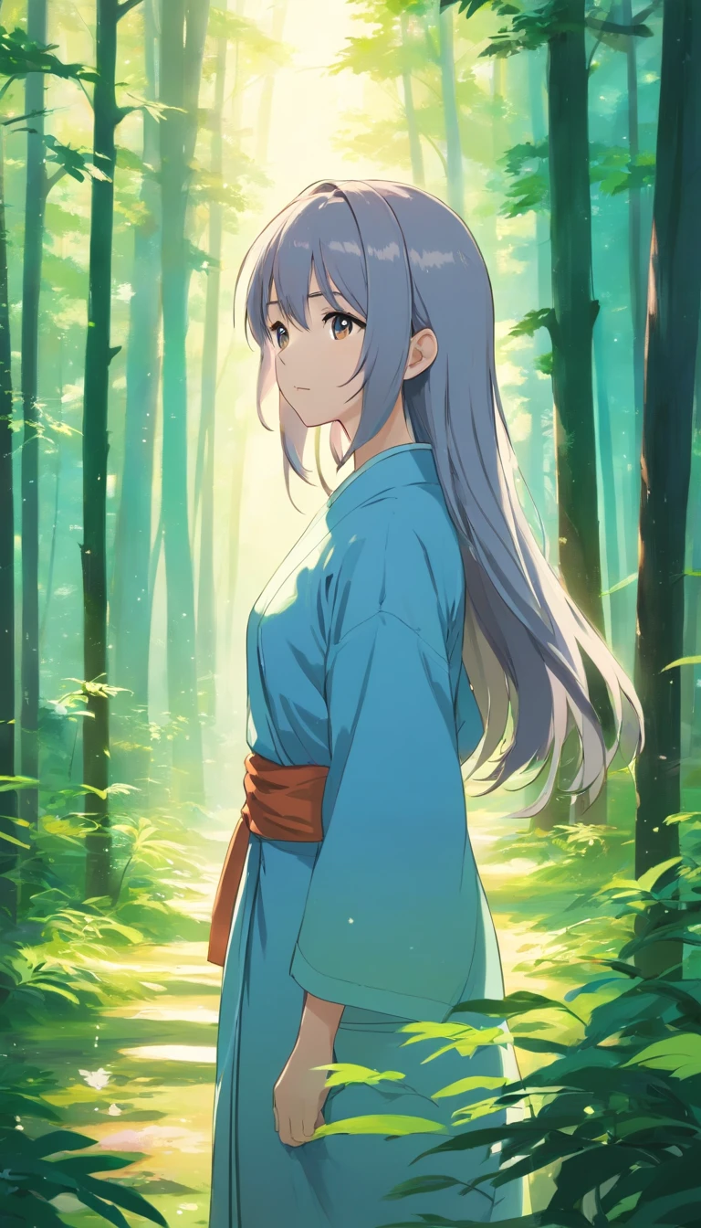 Japanese style，Young gray hair，shiny long hair, Flowing hair，white colors、Archaic background、backs、The whole body is reflected、waterface、Mystical、facing back、backs、Whole body、full body Esbian、1.6、No face、Facing backwards、on  back、The person is quite far away、The whole picture is drawn from head to foot、mysterious background、Fantastic background、The dim、zori、in woods、ln the forest、Lack of others