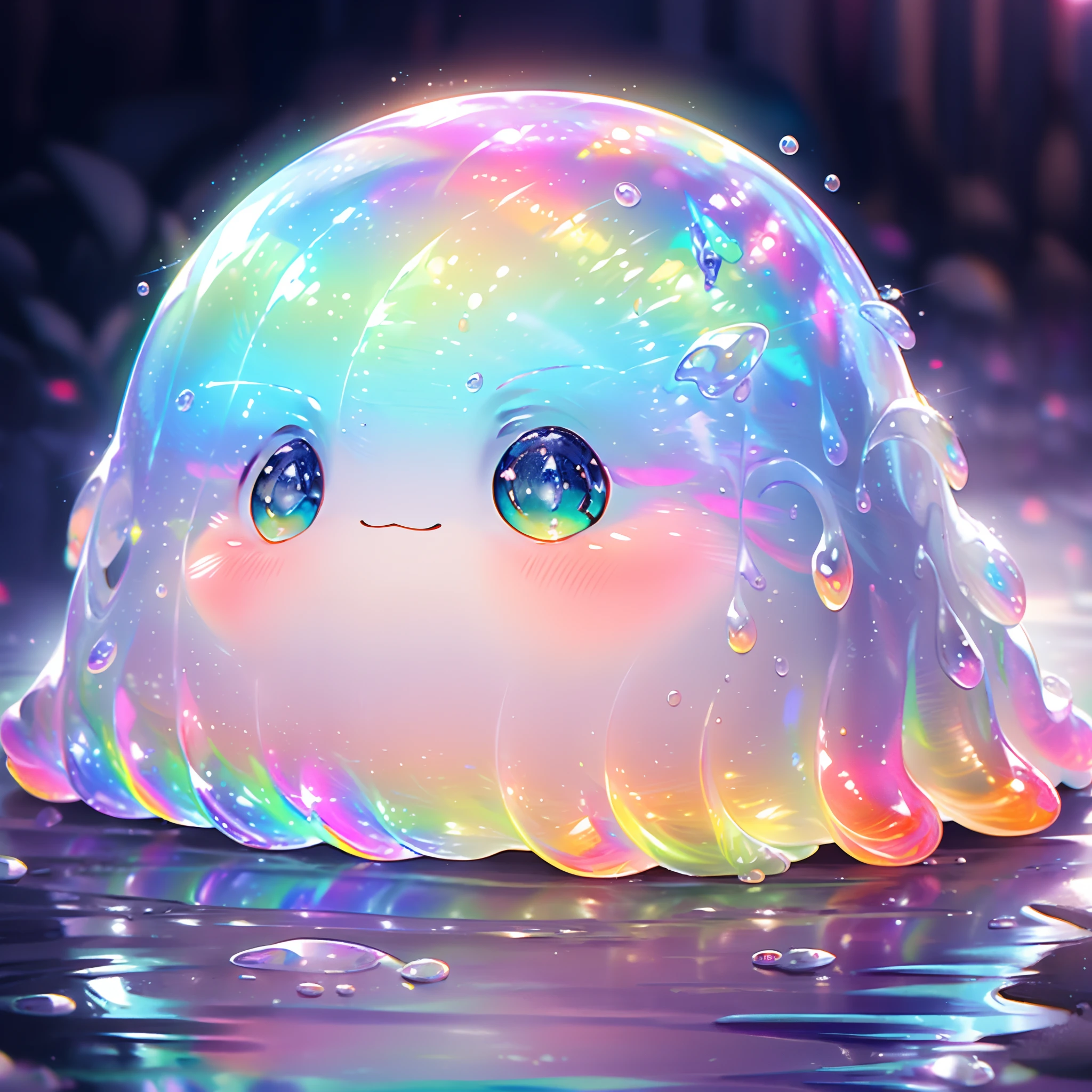 A shiny rainbow colorful slime, cute face,vibrant and translucent texture, slime stretching and squishing, detailed, mesmerizing patterns and swirls, sparkling and reflecting light, satisfying to touch and play with, high-res masterpiece, vivid colors, illuminated with soft studio lighting.