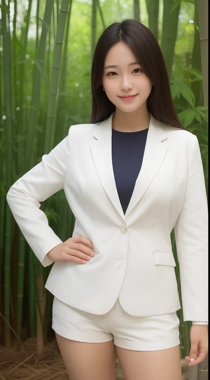 A smiling girl，While wearing a white Business suits，Super short blue denim shorts，Standing in a bamboo forest，com rosto detalhado，The eyes are delicate，The photo quality is the best，Realistic image quality，Background diffuse lighting，Depth of field display。