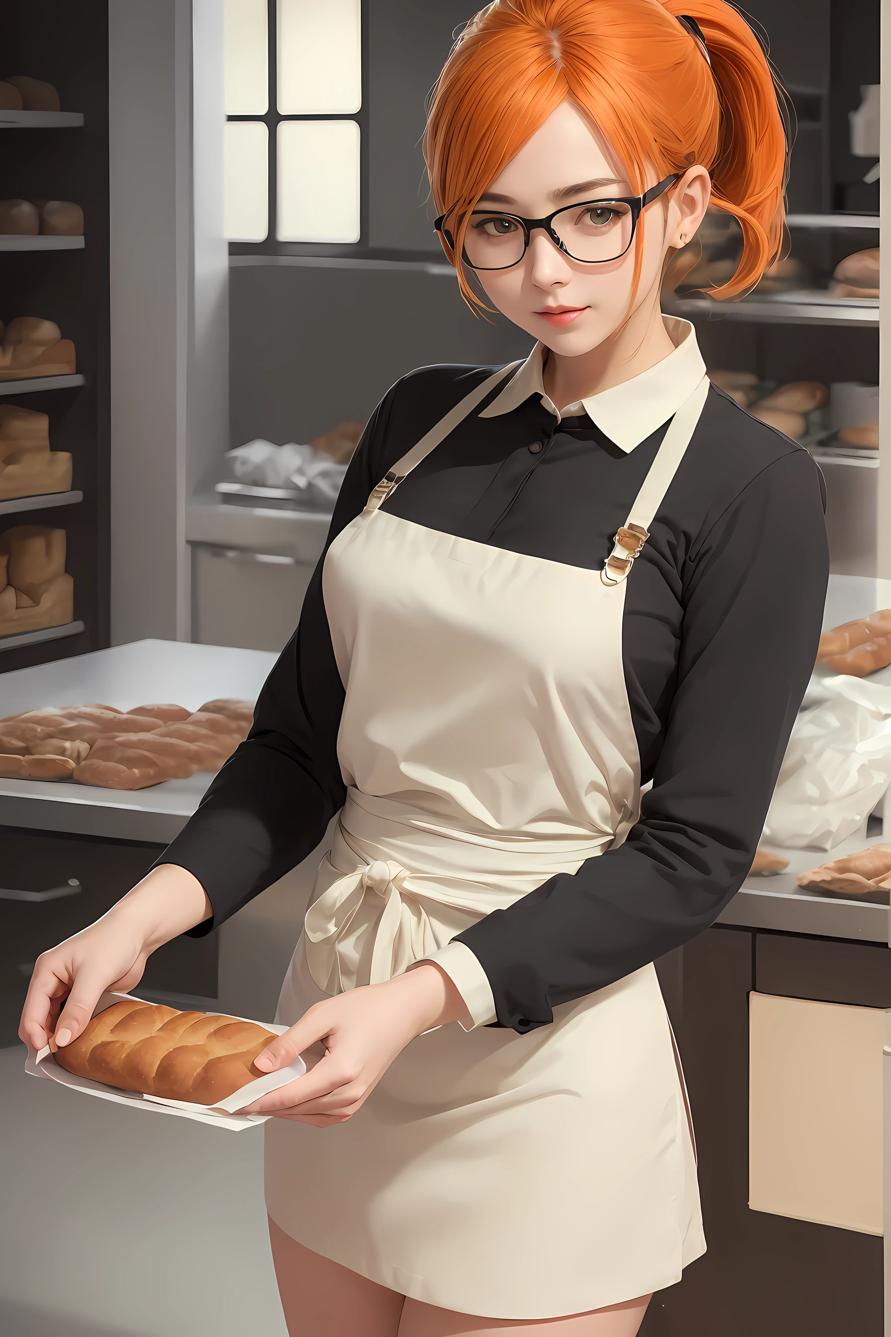 (1glasses girl:1.3, solo), (bakery  cheff:1.3), (a extremely pretty and beautiful Japanese woman), (sexy girl), (professional sexy attire:1.3), (22 years old: 1.1), (baking bread in the kitchen:1.3), (happy emotion:1.3), (in the bakery  kitchen:1.3), (4fingers and thumb:1.5)), BREAK, (ponytail:1.3), (shiny-orange thin hair:1.3), bangs, dark brown eyes, beautiful eyes, princess eyes, (big eyes:1.3), (wearing a glasses:1.3), Hair between eyes, (short hair :1.3), (slender:1.1), (small-medium-breasts:0.95), (thin waist: 1.15), (detailed beautiful girl: 1.4), Parted lips, Red lips, full-make-up face, (shiny skin), ((Perfect Female Body)), (Upper Body Image:1.3), Perfect Anatomy, Perfect Proportions, (most beautiful Korean actress face:1.3, extremely cute and beautiful Japanese actress face:1.3), BREAK, (View viewer, wearing a school girl uniform, (insanely detailed collared shirt:1.3, long-sleeve:1.3), (blue tie:1.3), (dark-green box-skirt:1.3), (green apron:1.3), (black enamel booties:1.3), detailed clothes, BREAK, (detailed simple  bakery kitchen background:1.3), (kitchen, baking setup), (Studio soft lighting: 1.3), (fake lights: 1.3), (backlight: 1.3), BREAK, (Realistic, Photorealistic: 1.37), (Masterpiece, Best Quality: 1.2), (Ultra High Resolution: 1.2), (RAW Photo: 1.2), (Sharp Focus: 1.3), (Face Focus: 1.2), (Ultra Detailed CG Unified 8k Wallpaper: 1.2), (Beautiful Skin: 1.2), (pale Skin: 1.3), (Hyper Sharp Focus: 1.5), (Ultra Sharp Focus: 1.5), (Beautiful pretty face: 1.3), (super detailed background, detail background: 1.3), Ultra Realistic Photo, Hyper Sharp Image, Hyper Detail Image, airbrush art, smooth gradients, soft transitions, fine details, photorealistic effects, versatile medium, automotive art