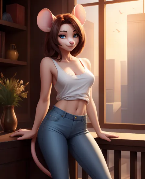 cute mouse furry girl, anthro, beauty, skinny jeans, sexy, hi res, detailed background