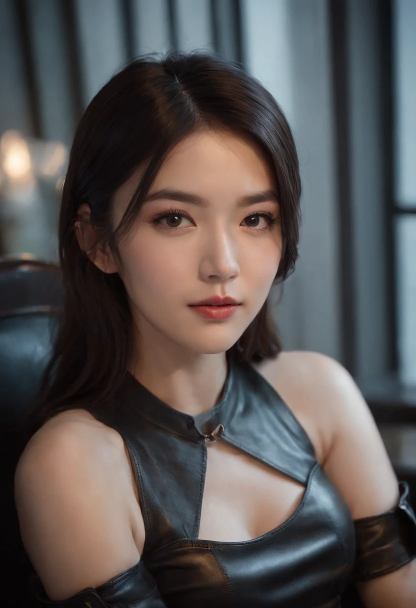 Upper body covered with black leather gloves up to the fingertips in both hands, black leather double riders jacket, slender necklace, young and cute Japanese girl with beautiful black hair, sitting on a black leather chair facing the desk in the president's room at night, sitting on a cheek stick