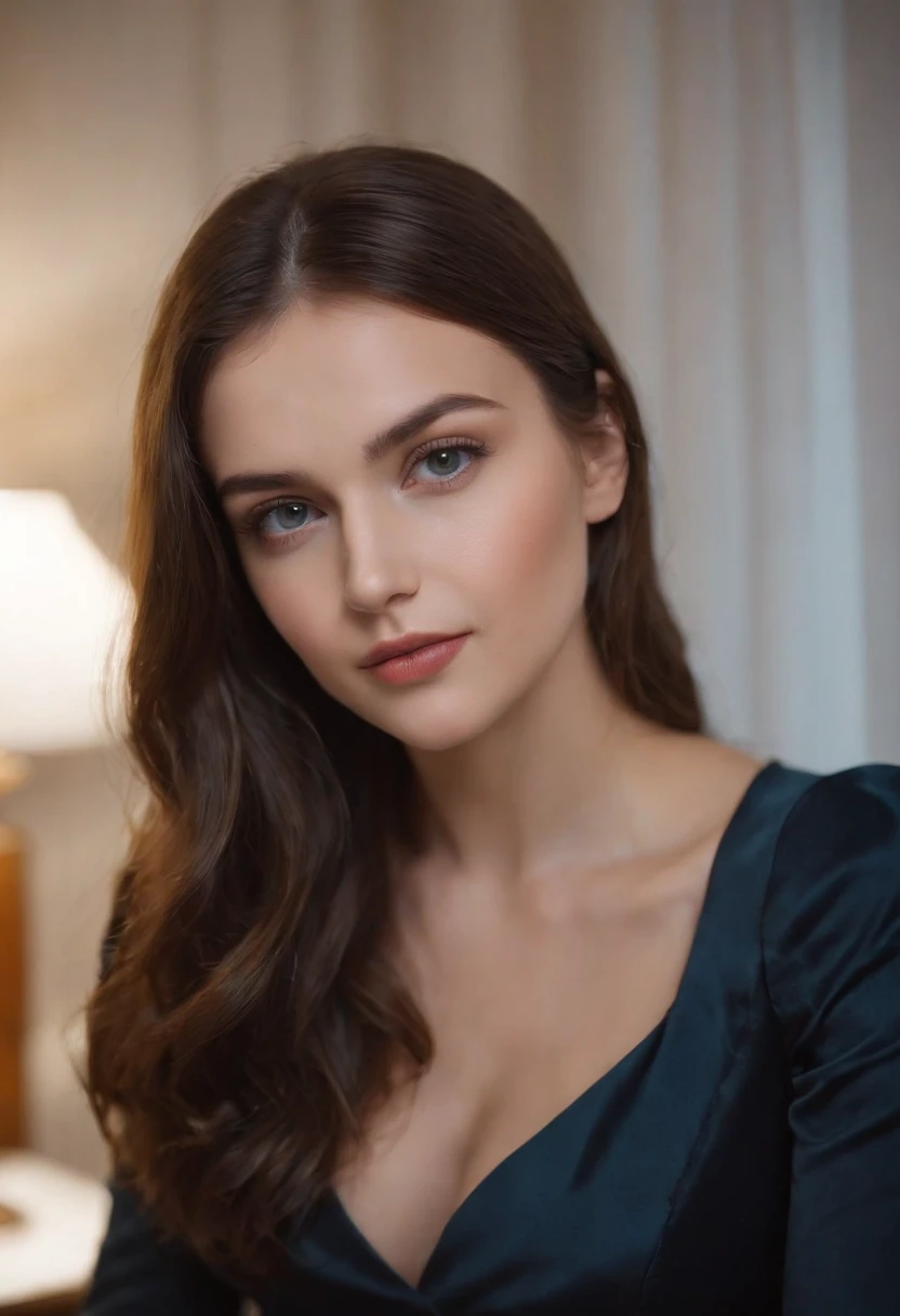 a young and cute Polish girl with beautiful brown hair, Bei Nacht, They sit on a black leather armchair at the desk in the president's room, heimlicher Blick auf den Computerbildschirm, blaue Augen