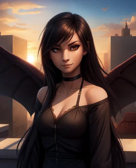Fang, female, Dinosaur, pterodactylus, scalie, portrait, looking at viewer, rooftop, black clothes, choker, half closed eyes, wi...