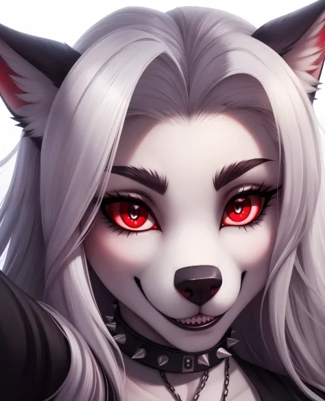 masterpiece, best quality, face portrait of a female anthro loona hellhound, loonacroptop, detailed face, (detailed eyes, slit pupils, white pupils:1.2), (red sclera), smile, [spiked collar, pentagram], (looking at viewer), selfie