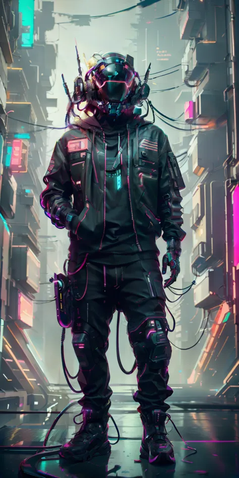 (masterpiece, full-body shot, intrincate raw photography)cyberpunk citizen in oversize techwear, using a black  astro daftpunk style helmet, neon light details, intrincate, futuristic, sharpness, ramdom pose, cyberpunk city, street neon lights, insta pic, ...