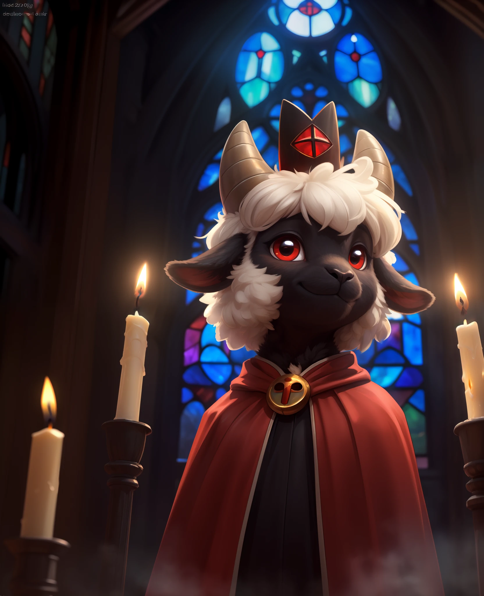uploaded on e621, ((by Yurusa, by Childe Hassam, by Kenket, by Kyoto Animation)),
solo (chibi:1.15) ((sheep (lamb \(cult of the lamb\)), black body and white fur, white hair, horn, clear red sclera)),
(wear red crown, red cloak, grey black gown:1.25), (flat chested, smile), ((detailed fluffy fur)),
(half-length portrait, looking at viewer, three-quarter view:1.3),
BREAK,
(standing at church with stained glass:1.25), (outside, fog, mist, candle:1.2),
(detailed background, depth of field, half body shadow, sunlight, ambient light on the body),
(intricate:0.7), (high detail:1.2), (unreal engine:1.3), (soft focus:1.1),
[explicit content, questionable content], (masterpiece, best quality, 4k, 2k, shaded, absurd res)