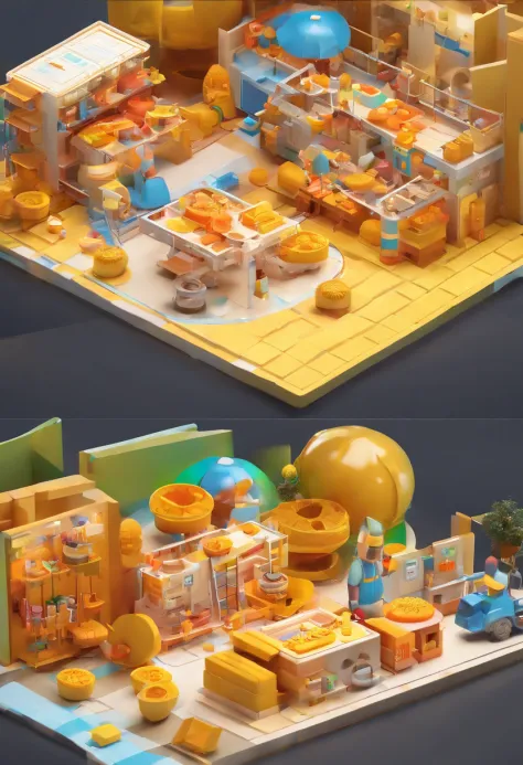 (a lie-flat mooncake) (industrial production workshops reveal inside structure) (workshop employees, assembly line, factory equipment, safety helmets, protective shoes) (3D realistic, cute toy sculpture style) (super detailed, 2.5D, isometric perspective) ...