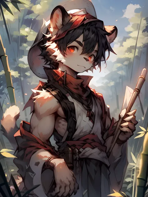 High saturation, Masterpiece, Best quality, Extremely detailed, Depth of field, komono, Male, anthro, Solo, (brown:1.2) furry wolf, Muscular, Red cloth around the waist, Half-length portrait, Bamboo forest, (Bamboo) Rain cap, (spiky:1.3) Hat, (Conical:1.2)...