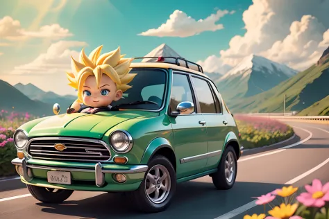 raindrops，Clouds，sunbeam，highway，Little boy driving a car，trunks，super saiyan，Laugh，Spiked hairstyle，Flowers，Mountain，rivers，bir...