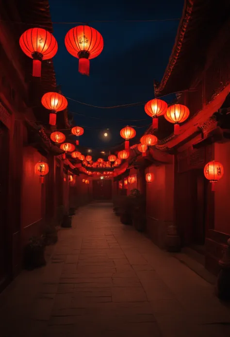 Full moon，Chinese ancient style，the street，Lanterns，8K，super wide shot，the night，Ambient light，oil painted