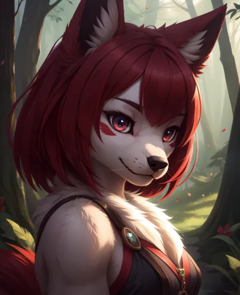 araffe with red hair and a furry tail in the woods, very very beautiful furry art, dramatic cinematic detailed fur, furry art, furry fantasy art, loish and wlop, anthro art, furry wolf, pov furry art, furry art!!!, kemono, 🌺 cgsociety, furry mawshot art, l...