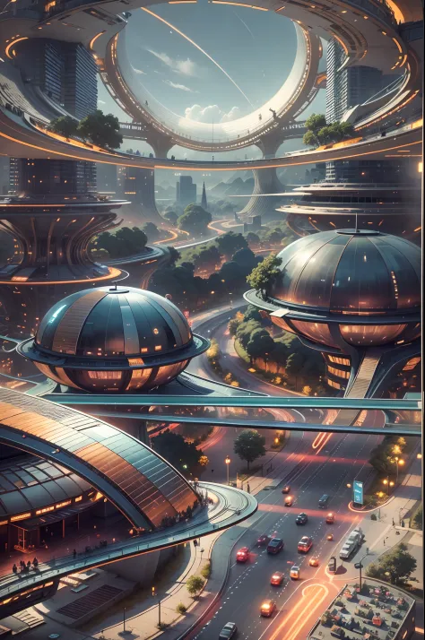 Ultra photo realsisim，Hyper-detailing，Ultra-wide-angle picture，24th century，sci fi city，and the sun was shining brightly，Tech City of the Future，Hanging ring building，Suspended circular aircraft，Roads that lead in all directions，highly detailed surreal vfx...