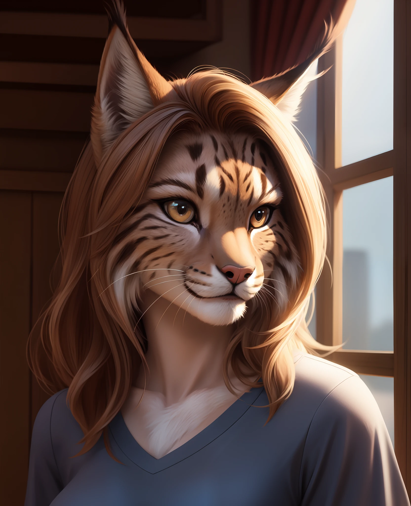 masterpiece, realistic, professional photo, female anthropomorphic lynx, shirt, detailed fur, (furry body:1.2), pretty face, detailed hair,