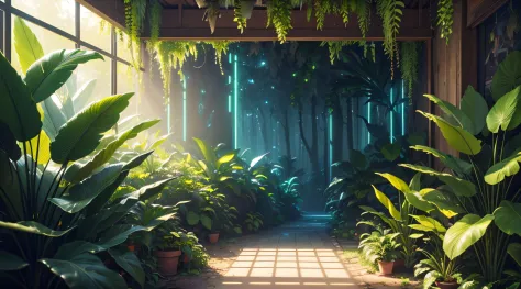 neon room, landscape, nature, of a dense jungle filled with exotic plants, beautiful lighting, (masterpiece, best quality, highres, UHD, depth of field, 4k, RTX, HDR), hyper realistic, 8k UHD, DSLR, high quality, Cinematic light, Amazing, ray tracing,
