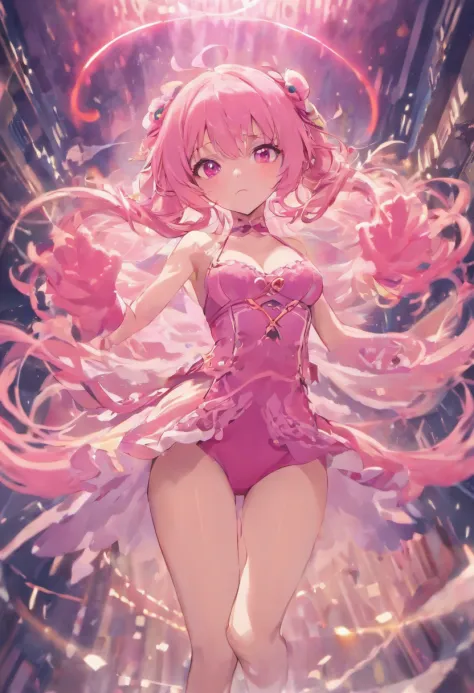 A pink-haired，Lori huge breasts cleavage，chiquita，Fox Maiden，White silk pantyhose，Pink pupils，Tajiro legs，ssmile，Overlooking，Hold your face with one hand，tentaculata