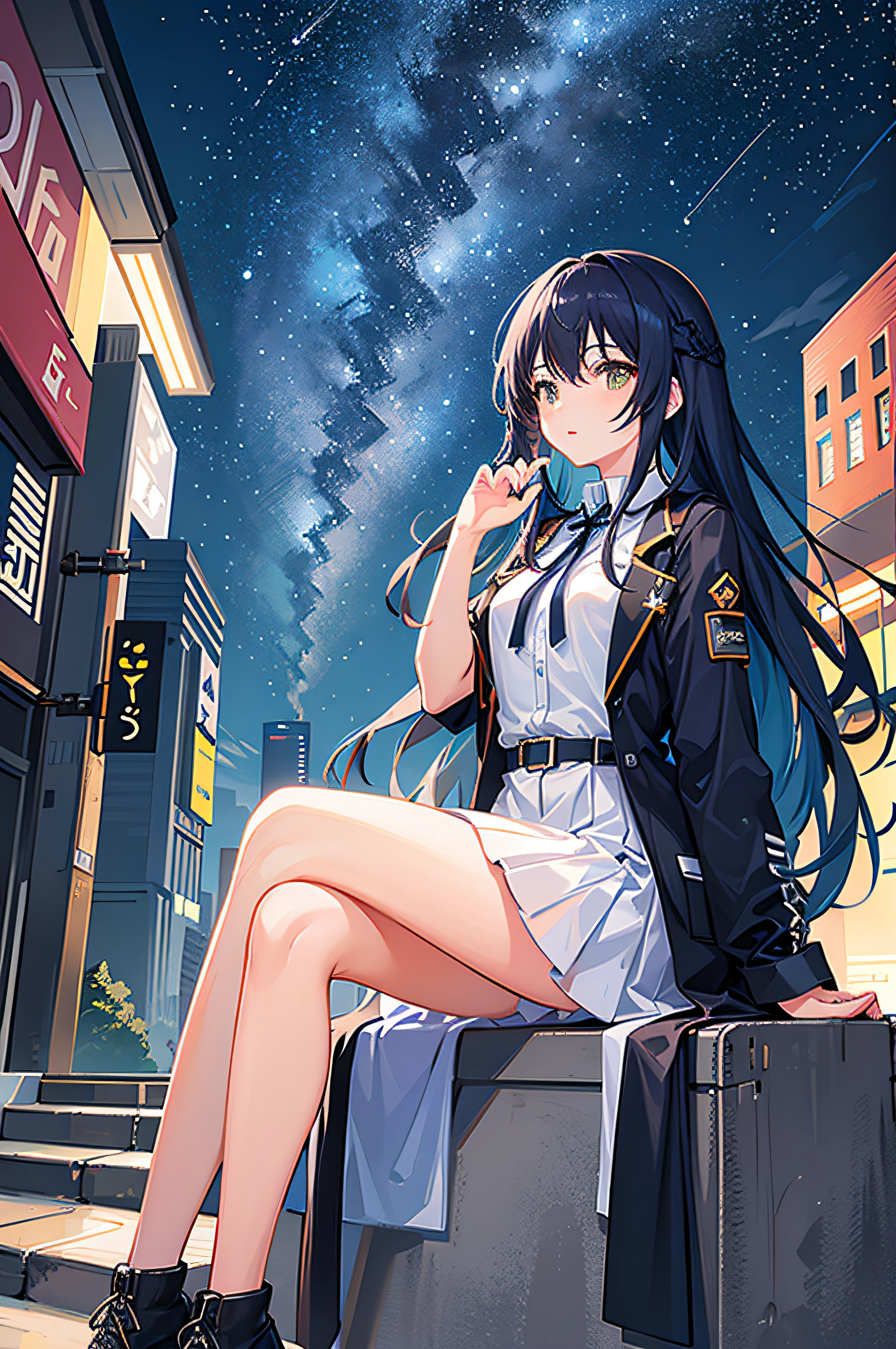 octans, sky, star (sky), scenery, starry sky, night, 1girl, night sky, solo, outdoors, building, cloud, milky way, sitting, tree, long hair, city, silhouette, cityscape