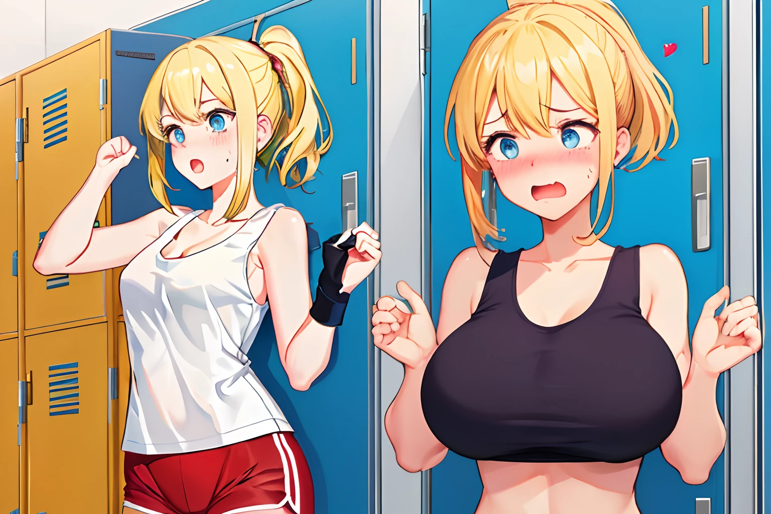 best quality, detailed face, detailed eyes, 1girl, solo, multiple views of the same character, horizontal panels BREAK, (locker room), (side ponytails:1.2), (blonde hair:1.5), (blue eyes:1.2), medium hair, looking down, hand on breast,small breasts, (huge breasts), :d, (trembling:1.2), (very surprised:1.1), (white tank top and red sport shorts:1.3), indoors, , embarrassed,shocked, breast expansion, (motion lines:0.7), trembling, looking at breasts, (embarrassed:1.3),shocked, aroused, breast focus, undersized top, skindentation, (bursting breasts:1.2), (exclamation point:1.2), hearts, BEsequence, BECovered, before and after,side-by-side
