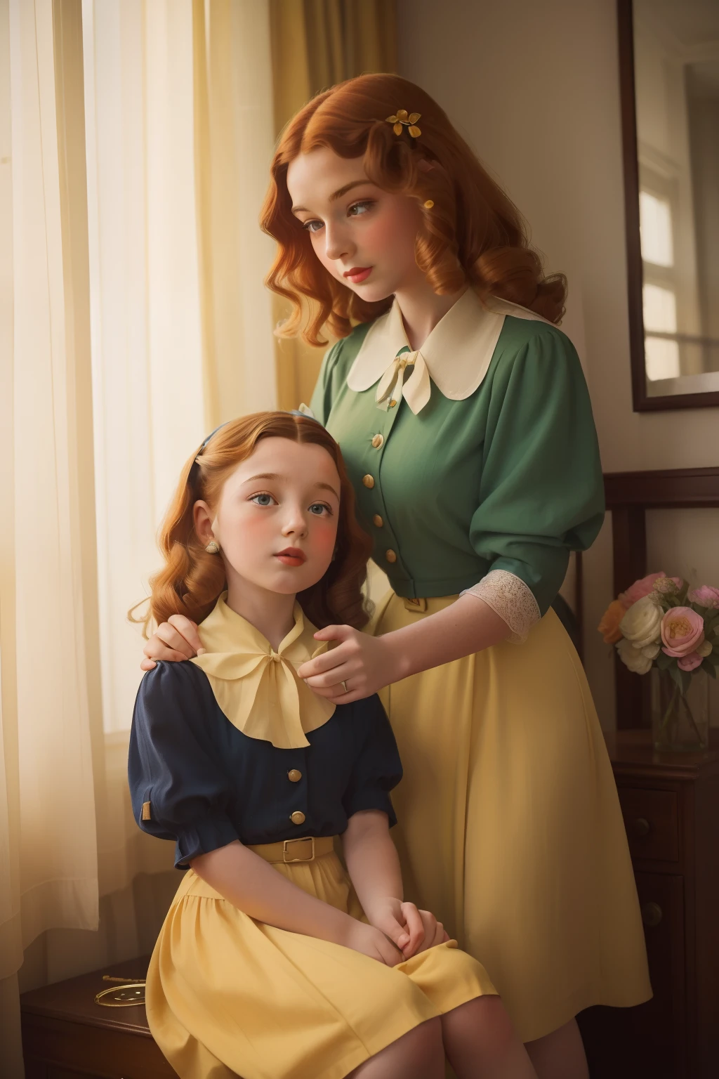 年: 1946. 地點: 紐約. 拉斐爾前派的法國女人，有著蜂蜜色的頭髮, 和她8歲的女兒, ((懷舊之情)) ((爱与关怀)), 不拘一格的城市公寓, ((20 世紀 40 年代色彩繽紛的現代夏季服裝)) ((1940年代髮型)) ((風格 "奧米特")) ((電影風格))