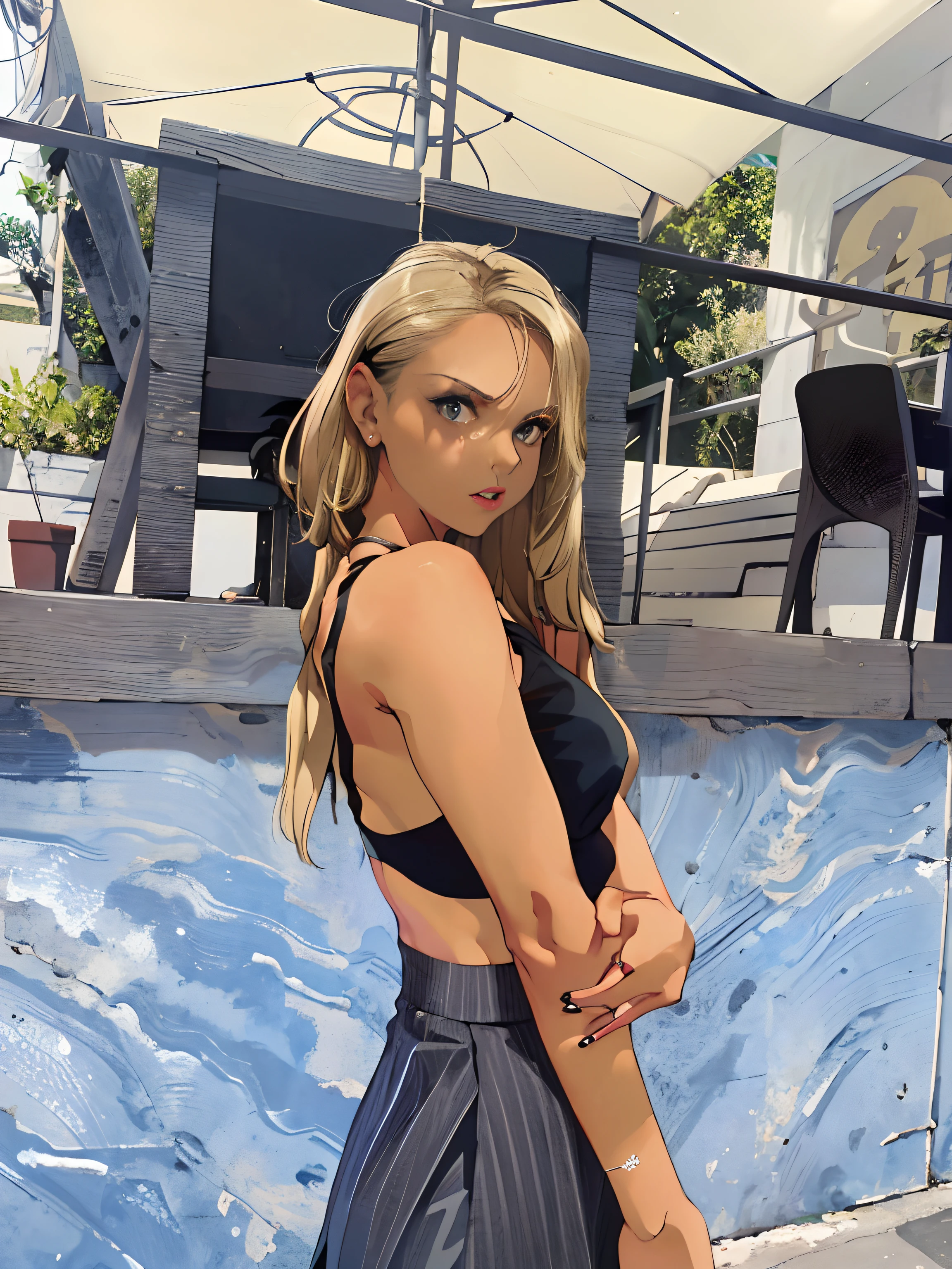 Blonde woman in black top and gray skirt poses for photo, she is wearing a black tank top, 2 4 years old female model, wearing a black cropped tank top, wearing a cropped black tank top, Portrait Sophie Mudd, instagram model, 18 years old, 21 years old, side pose, Sexy look, Wearing a sexy cropped top