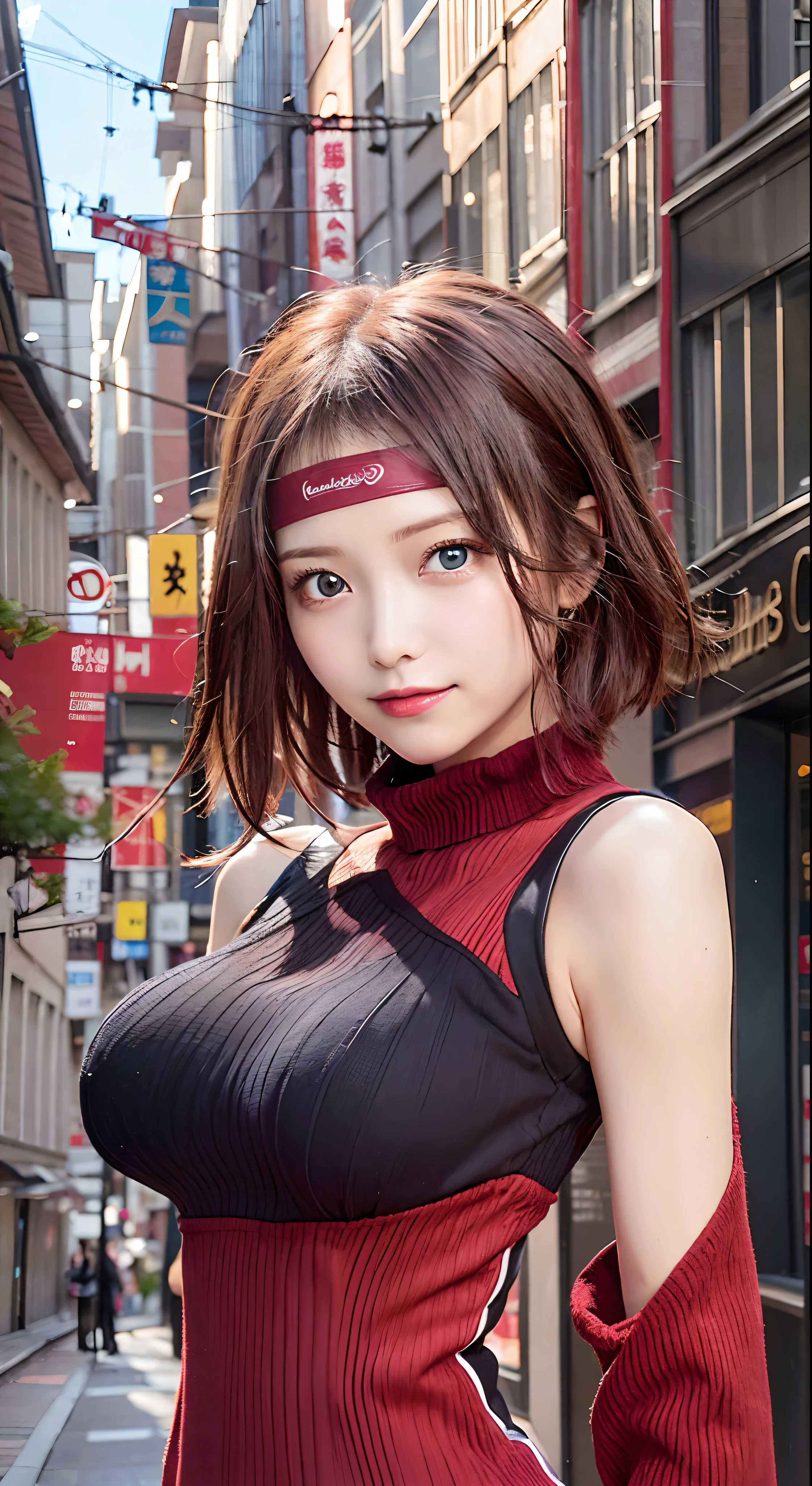 Karenstadtfeld, Karen Stadtfeld, Blue eyes, head band, Red hair, Short hair,
Break Sleeveless, sleeveless turtleneck, turtle neck,red hairs、Small breasts
Watch the viewer and take a break,
BREAK outdoors, city,
BREAK (masutepiece:1.2), Best Quality, High resolution, Unity 8k壁纸, Beautiful detailed eyes, extra detailed face,Hair splash、A smile,look at viewr ,(cowboy  shot:1.4)