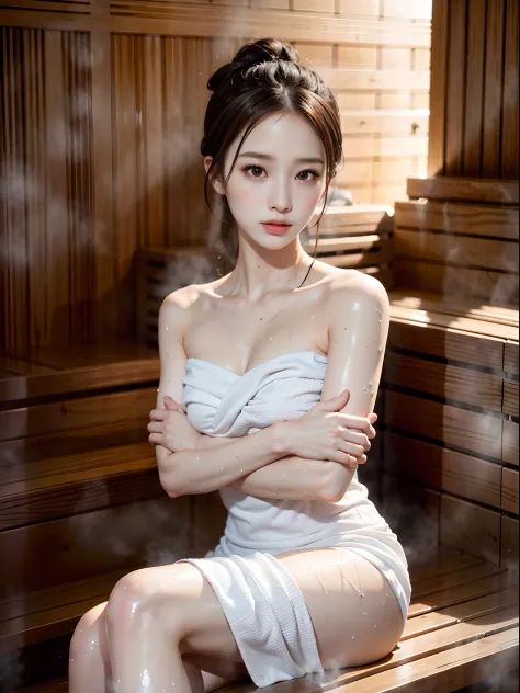 (Realistic:1.2), Beautiful woman, 1 woman, Small breasts:1.2, Slender body:1.1, ((sauna)), (Wet body), (White Big Size Towel Dress Strapless):1.3, (ultra-delicate face, Super Beautiful Maid, Super delicate eyes, Ultra-detailed nose, Ultra detailed mouth, U...