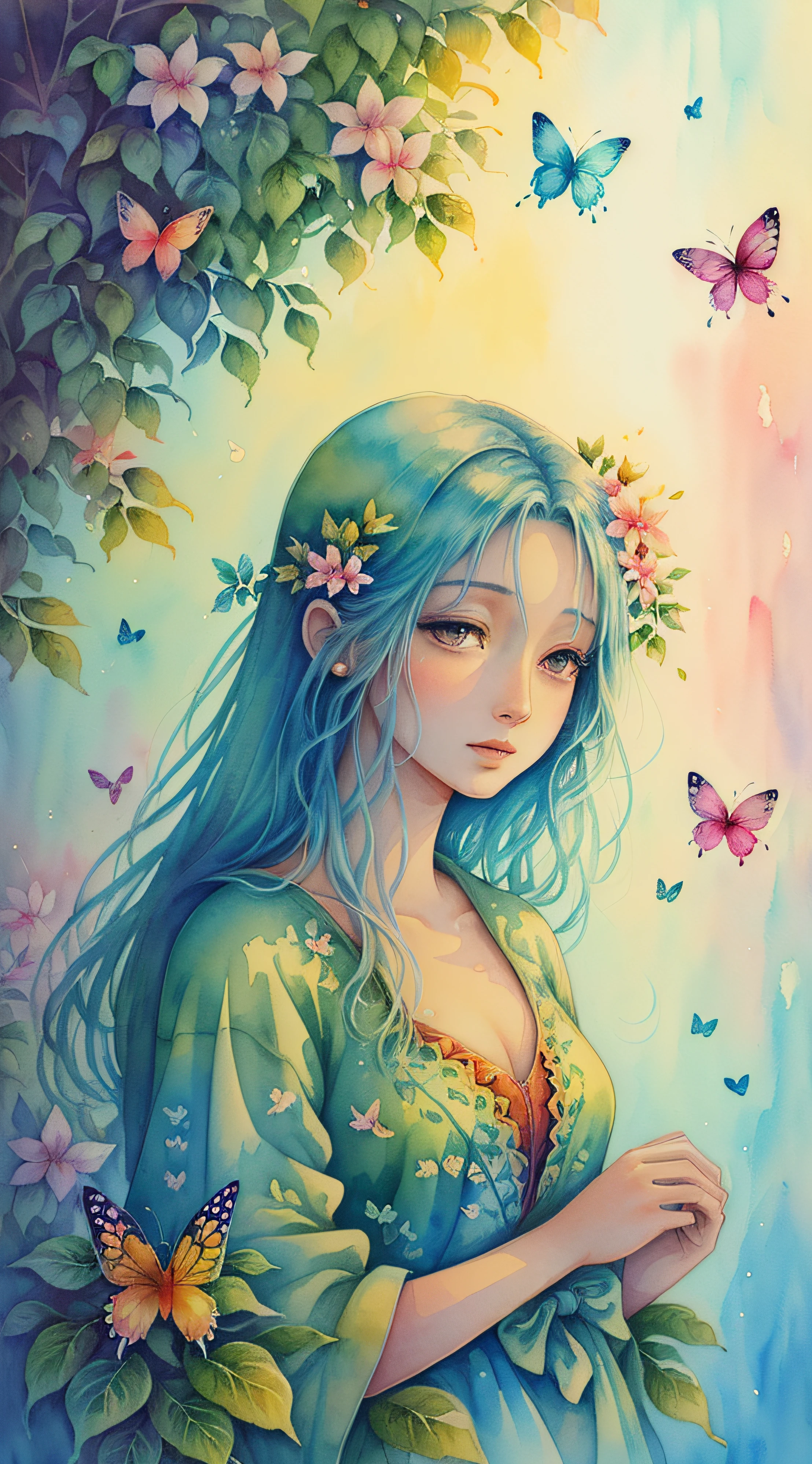 (aquarelle，painting of a，Plants fly around，harmony of butterfly，art work，A beautiful artwork illustration，Beautiful digital illustration，Beautiful and gorgeous，beautiful digital painting，In the style of the characters，In the style of painting，Butterfly，Fresh art，Exquisite digital illustration，Butterflies and sunlight、watercolor paiting)