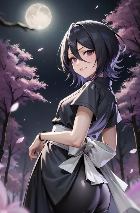 (masutepiece, Best Quality:1.2), Cowboy Shot, Solo, female focus, 1girll, Rukia Kuchiki,slight smile, Looking at Viewer, Black h...