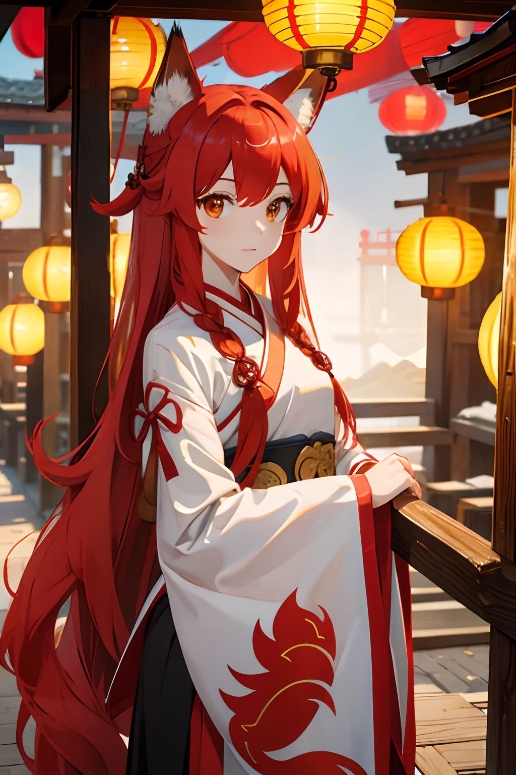 Red long-haired，Fox ears，fox tails，teens girl，Hanfu，lanterns