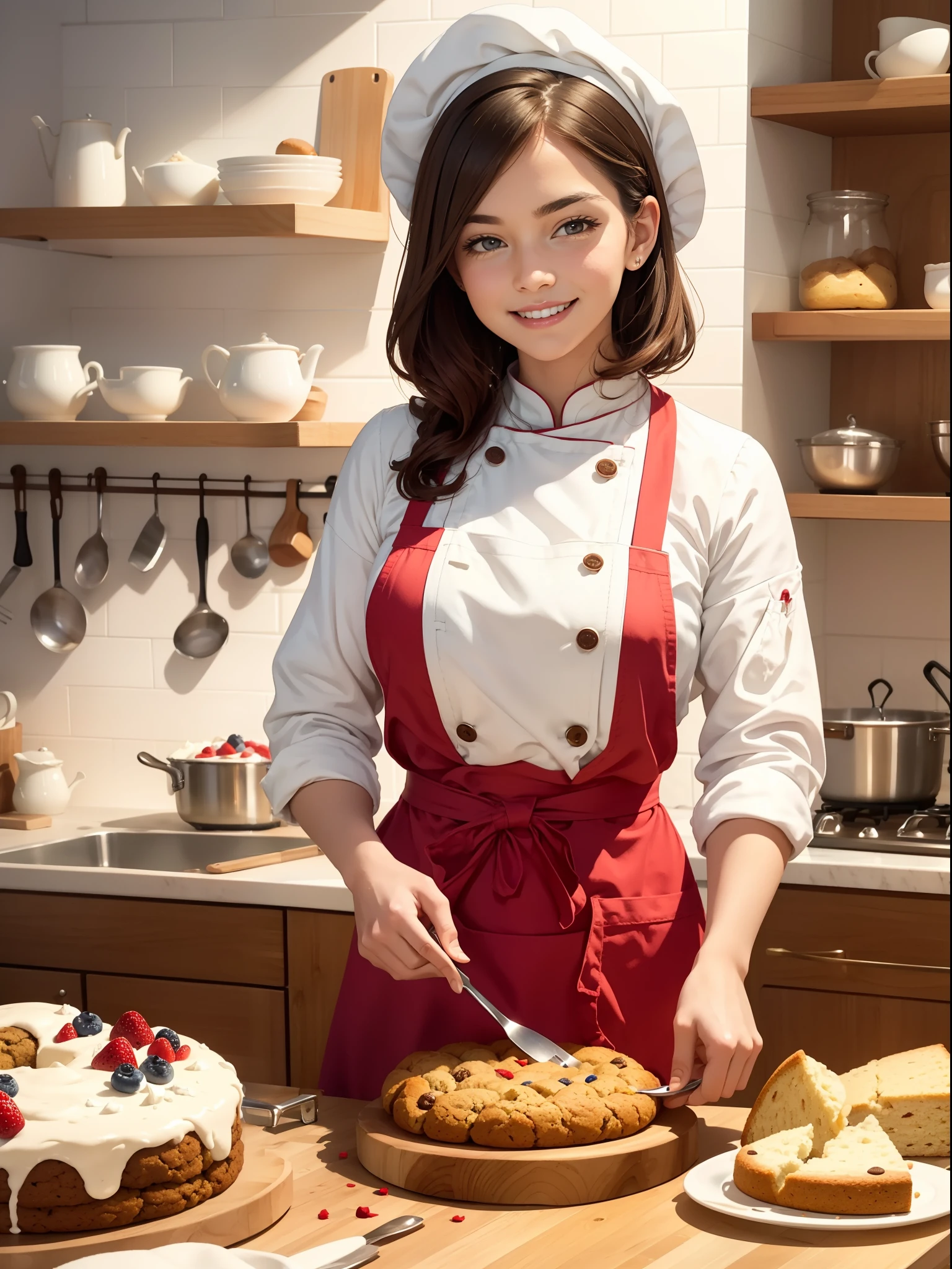A girl baking cookies, cakes, wearing a beautiful red and white apron, with flour on her hands, realistic, beautiful kitchen, perfect looks, (8K UHD, masterpiece:1.2), smart work, beautiful background, detailed recipe cards, fresh ingredients, delightful aroma, colorful sprinkles, mouthwatering desserts, joyful expression, natural lighting, tastefully decorated kitchen island, vintage-inspired kitchen appliances, rolling pin, mixing bowls, oven mitts, elegant cake stands, polished countertops, fresh flowers, organized baking utensils, inspiring cookbook, wooden spoon, chef's hat, cozy atmosphere, soft pastel color palette, warm and welcoming ambience, skillful hand gestures, precision and attention to detail, delicious treats, professional-grade equipment, vibrant and appetizing colors.
