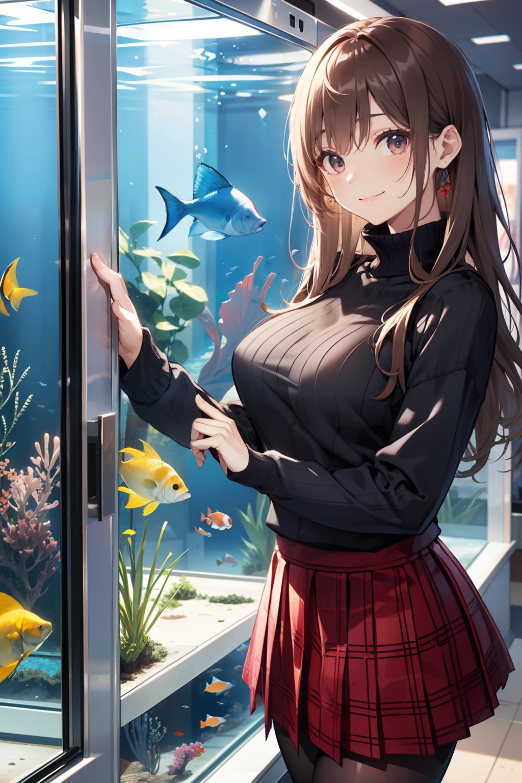 top-quality、Full limbs、complete fingers、Slender beauty、straight haired、Brown hair、((Black Long Sleeve Knit Top))、((Red Mini Flared Skirt))、Brown pantyhose、Beautiful Large Breasts、aquariums、High ceiling、Huge aquarium、Inside the aquarium、School of fish in the aquarium、Watching fish、A big smile