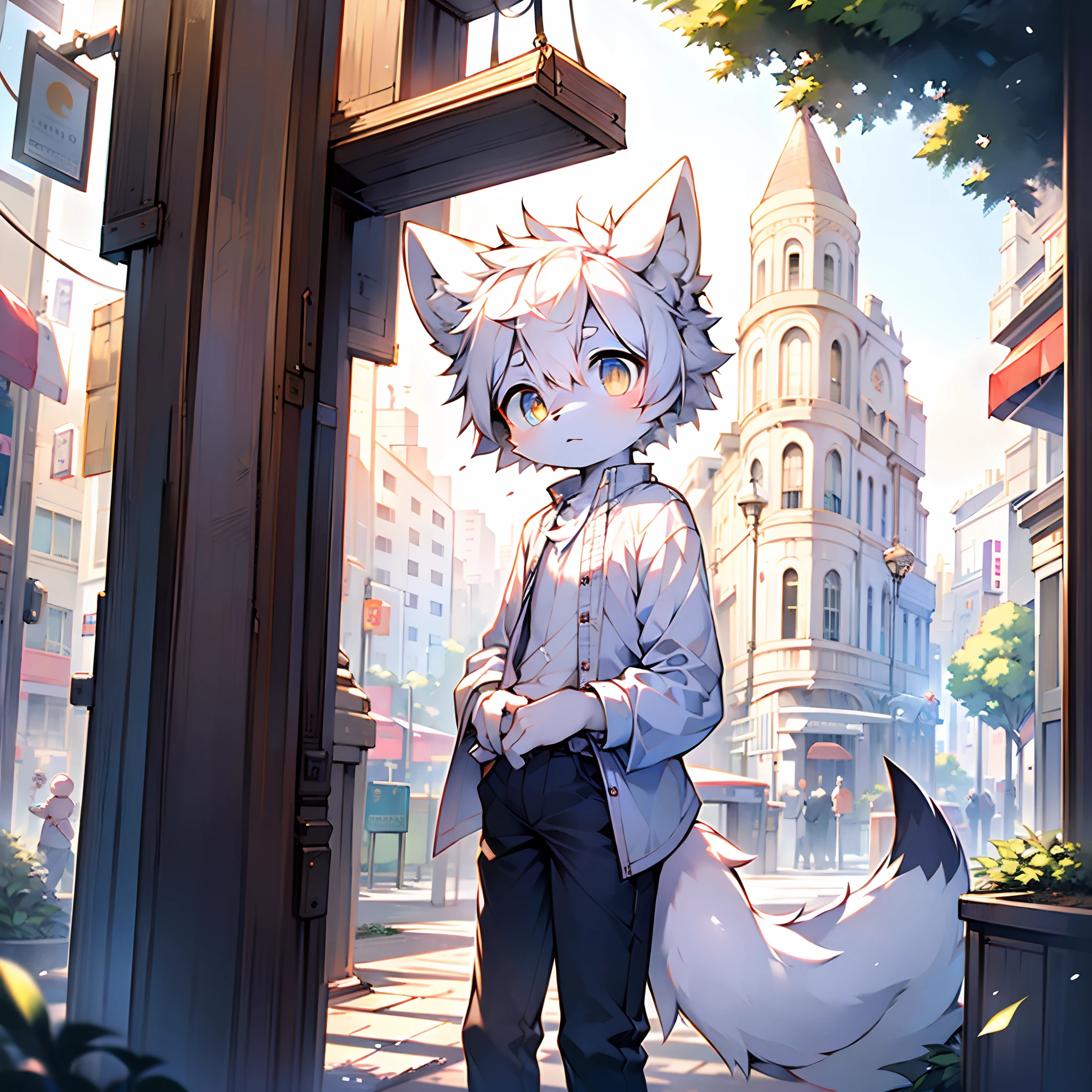 street corner，bright sun，Cute little wolf，Libido boy，slender figures，Off-white hair，White color blouse，shorter pants，Bright and smart eyes（A masterpiece）（high qulity）（Background of extreme detail）（extremelydetailedcharacter）