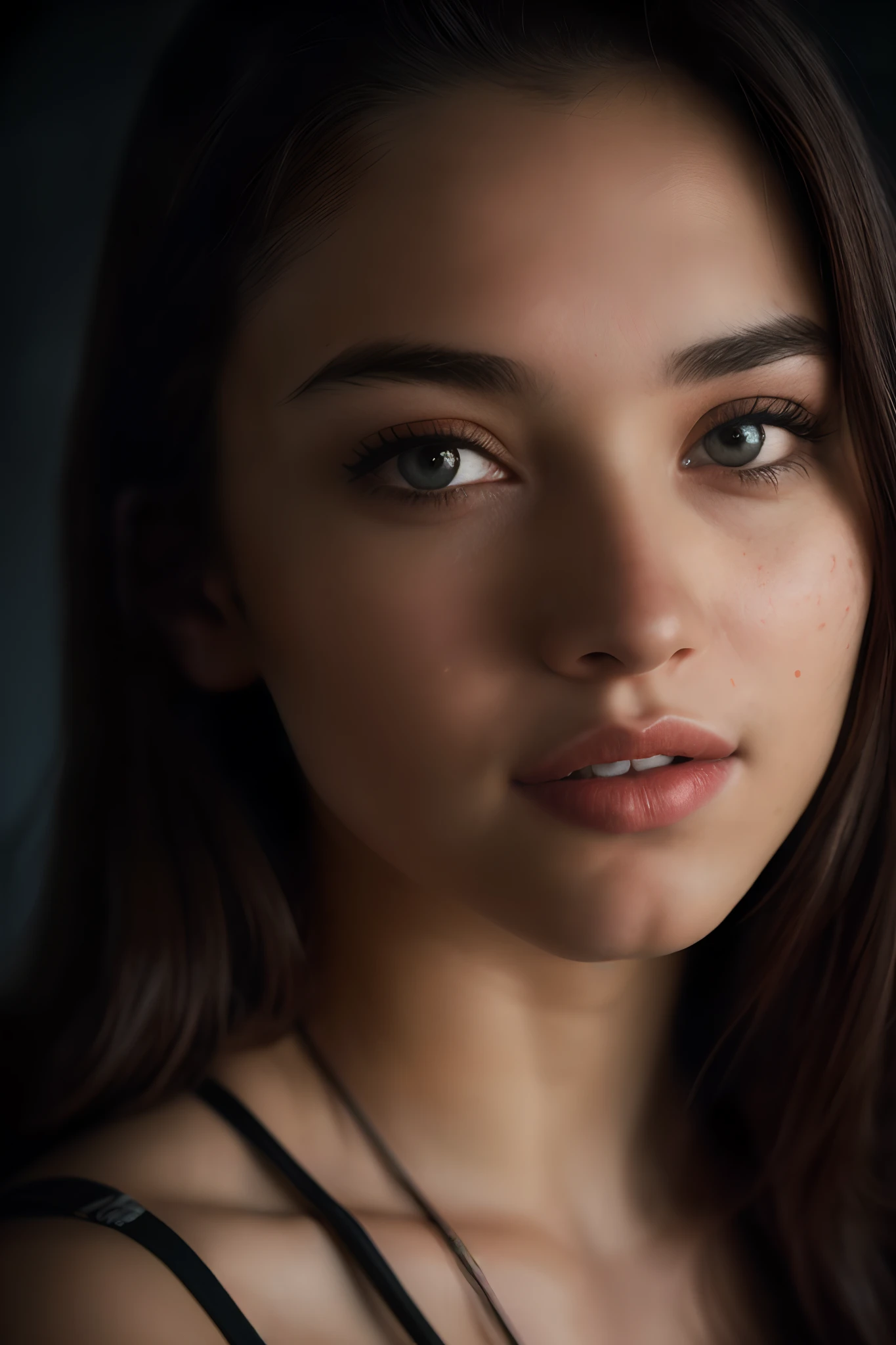 (close-up, editorial photograph of a 21 year old woman), (highly detailed face:1.4) (smile:0.7) (background inside dark, moody, private study:1.3) POV, by lee jeffries, nikon d850, film stock photograph ,4 kodak portra 400 ,camera f1.6 lens ,rich colors ,hyper realistic ,lifelike texture, dramatic lighting , cinestill 800,