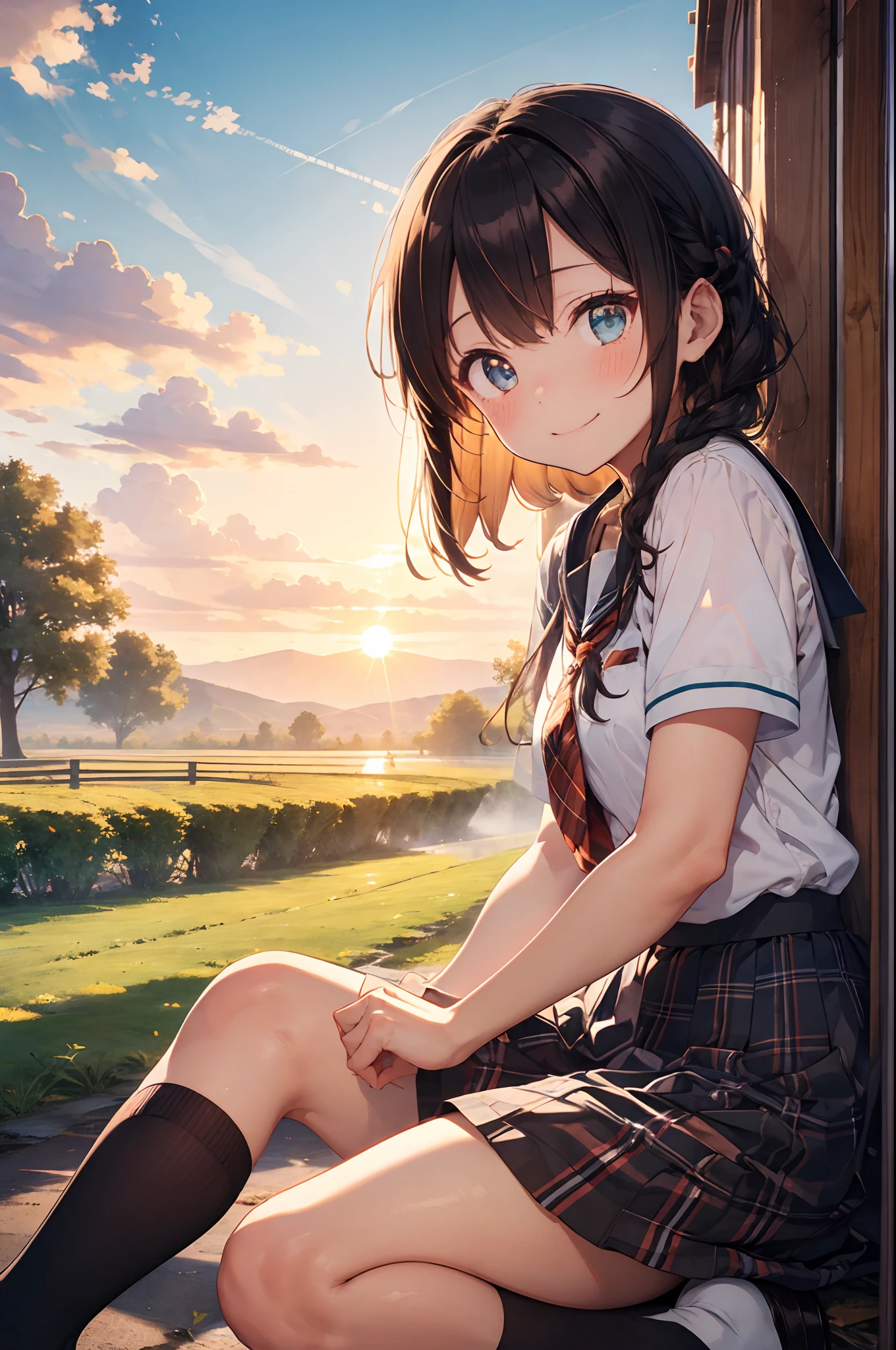 top-quality、Masterpiece、1womanl、solo、20yr old、low angle、(cyan eyes:1.1)、happy smile、closes mouth、brown single braid、white 、Black Socks、plaid skirt、blushing、Akame、early evening、Lots of countryside、Big sunset、Orange view、Small necklace、