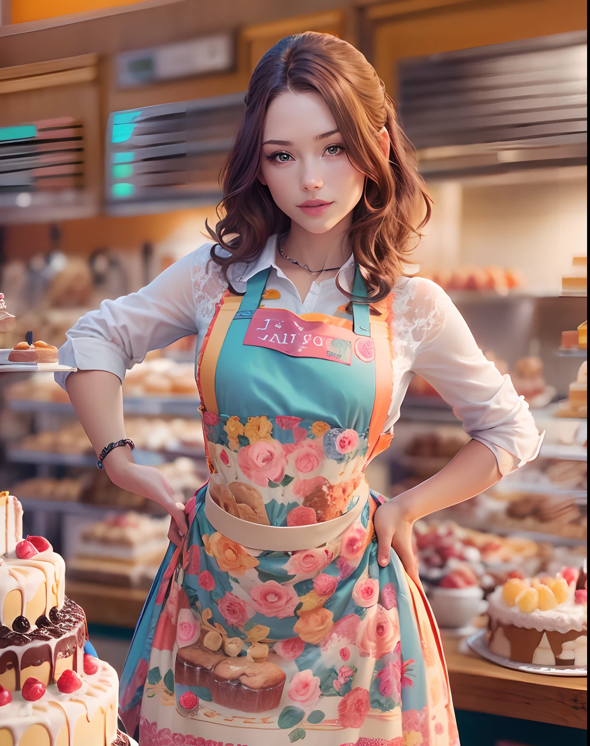 Araffe woman in apron standing in front of a cake display - SeaArt AI