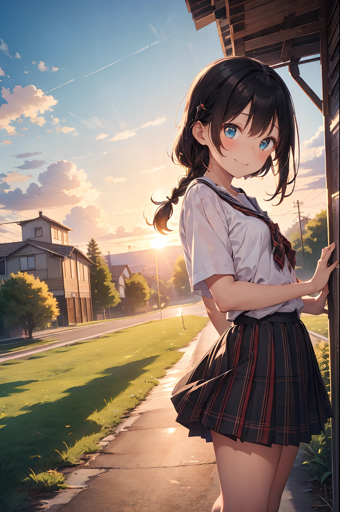 top-quality、Masterpiece、1womanl、solo、20yr old、low angle、(cyan eyes:1.1)、happy smile、closes mouth、brown single braid、white school uniform、Black Socks、plaid skirt、blushing、Akame、early evening、Lots of countryside、Big sunset、Orange view、Small necklace、