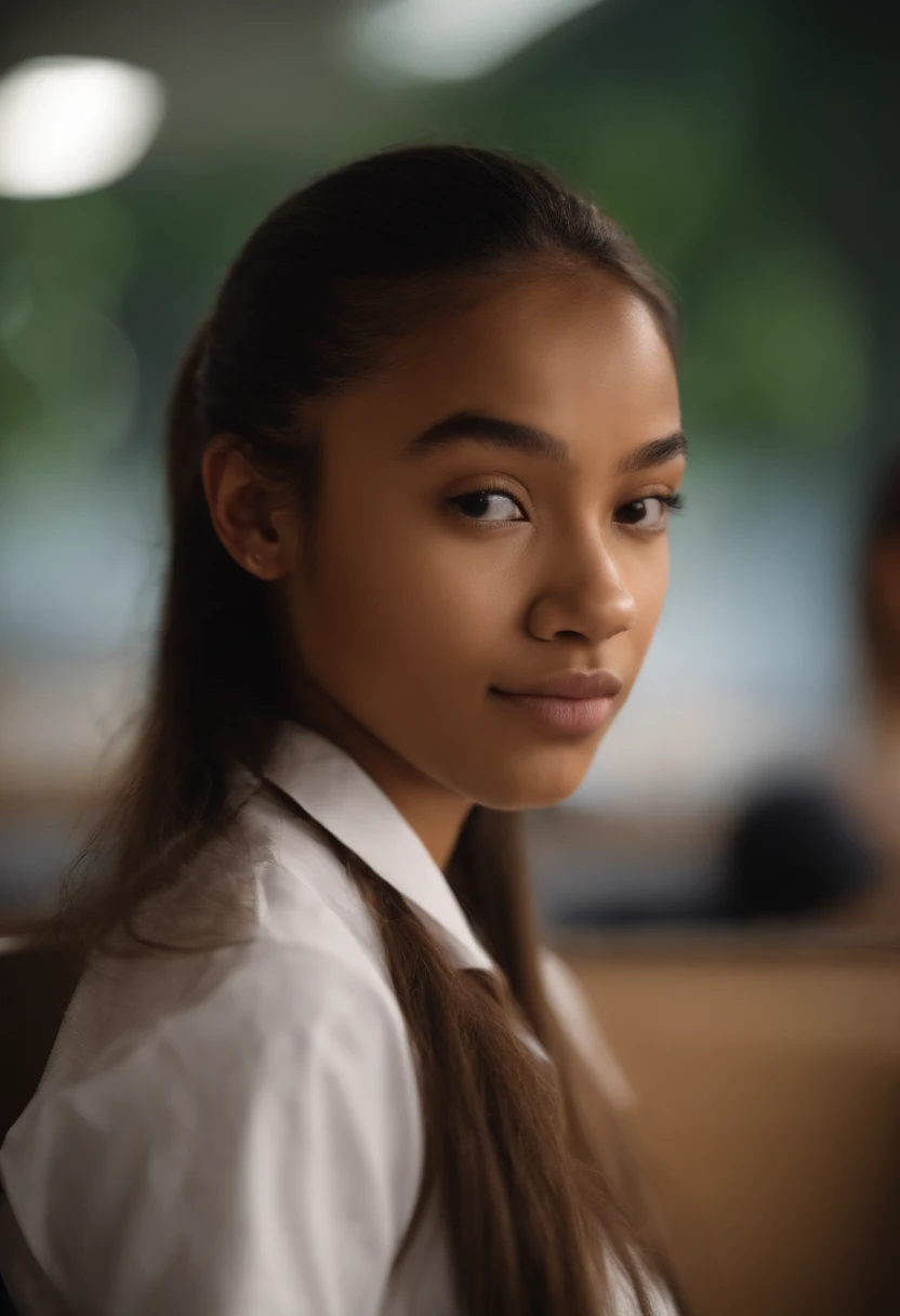 15 year old girl，Light brown skin，There are the words "integrity" on the forehead，Plain white short-sleeved top，Classroom corridors，Brown medical mask，Single ponytail